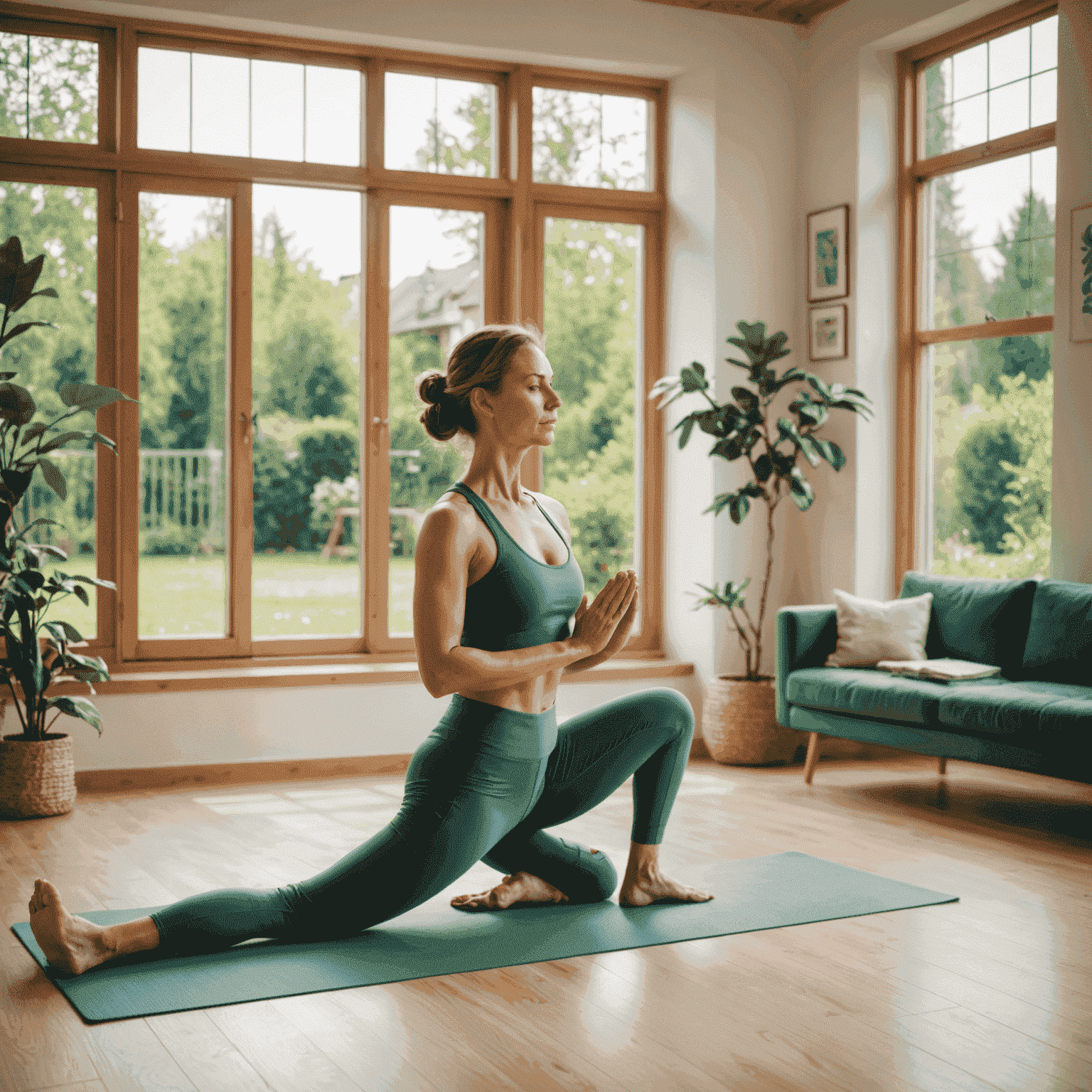 Eine Person, die Yoga-Übungen in einem hellen, gemütlichen Wohnzimmer macht. Im Hintergrund sind große Fenster mit Blick auf einen grünen Garten zu sehen.