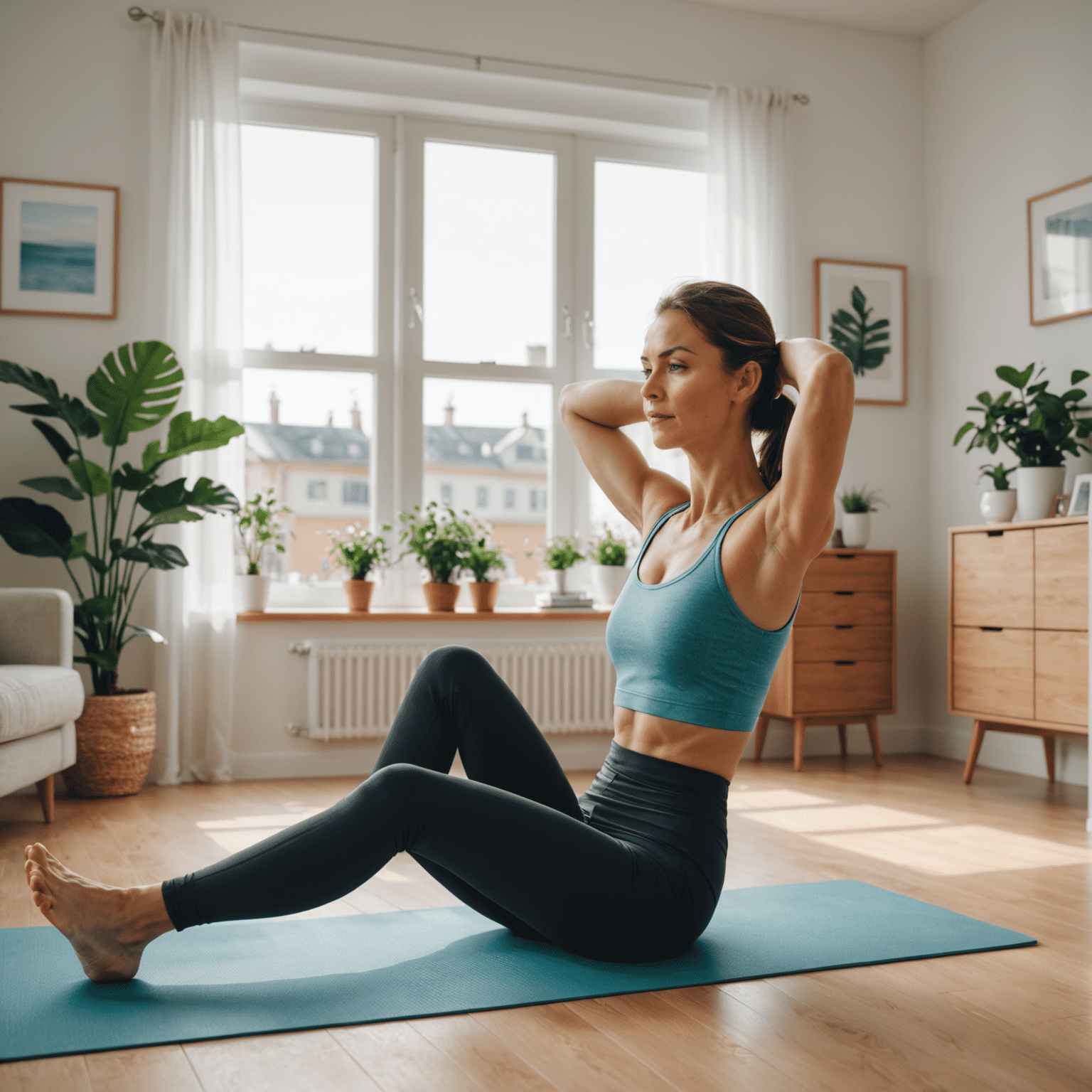 Eine Person führt Dehnübungen in einem hellen Wohnzimmer aus, perfekt für Heimtraining