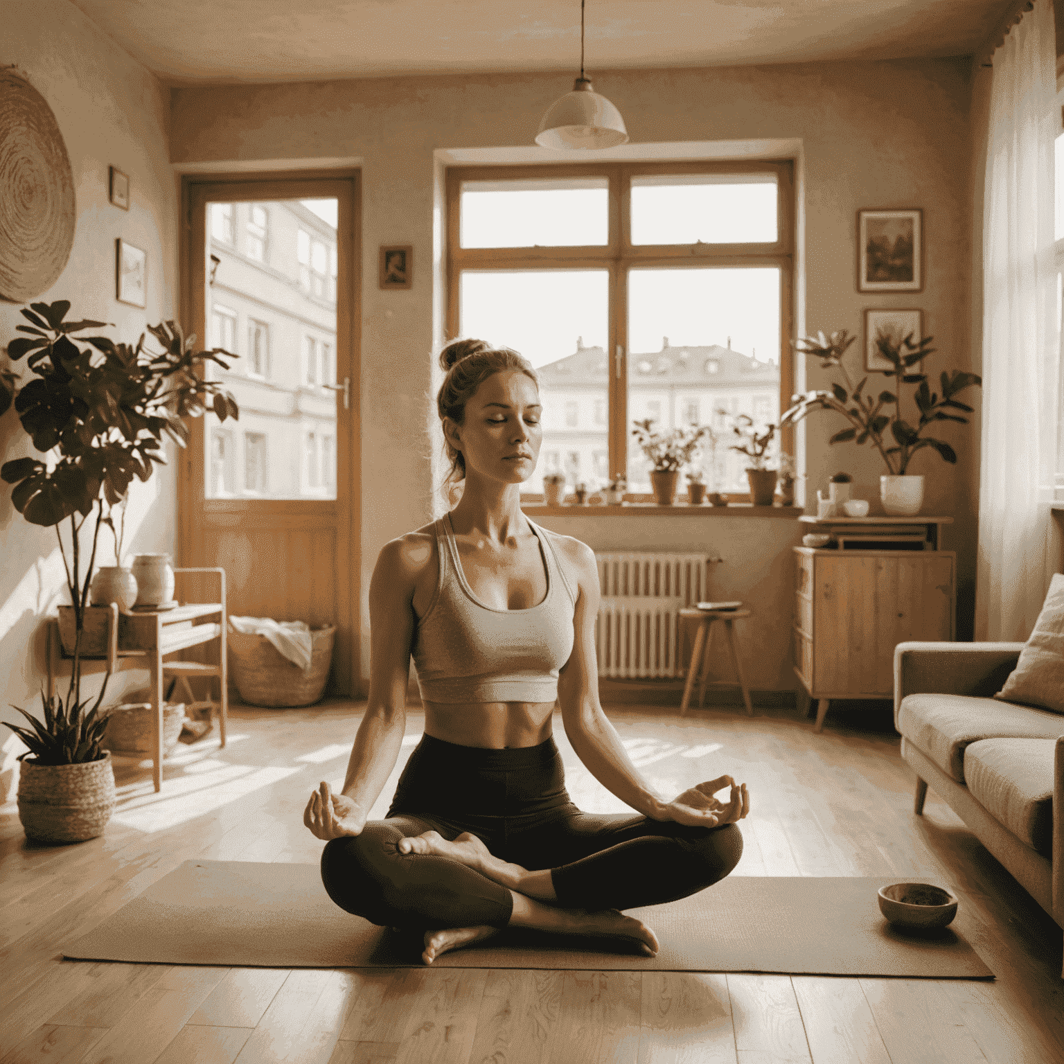 Eine junge Frau macht Yoga-Übungen in einem kleinen, aber gemütlichen Wohnzimmer einer typischen Hessischen Wohnung