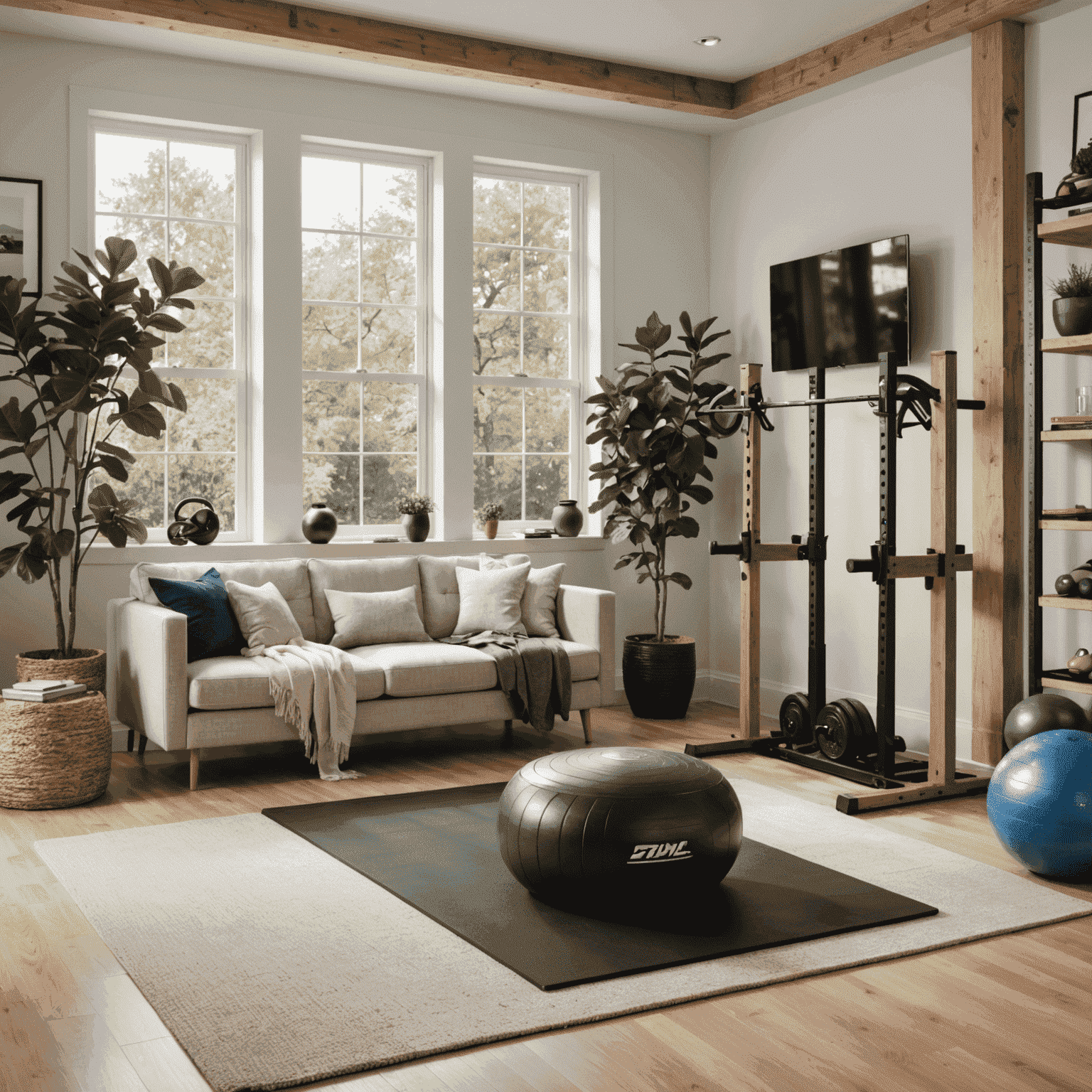Ein gemütliches Wohnzimmer, das in ein Heimfitnessstudio umgewandelt wurde, mit verschiedenen erschwinglichen Fitnessgeräten und Möbelalternativen