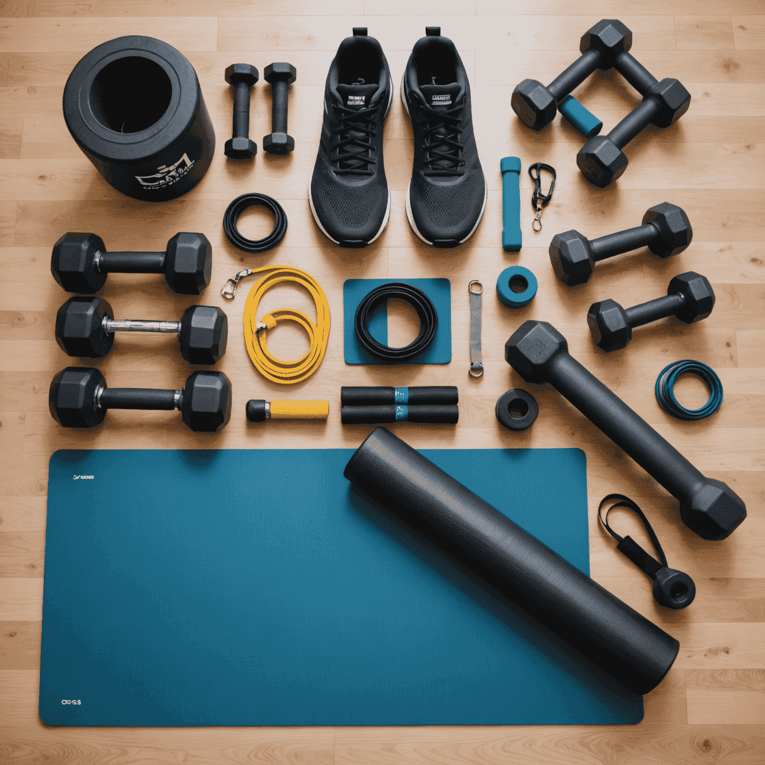 Eine Collage von verschiedenen Heimtrainingsgeräten wie Hanteln, Widerstandsbändern und einer Yogamatte, arrangiert in einem modernen, minimalistischen Raum.