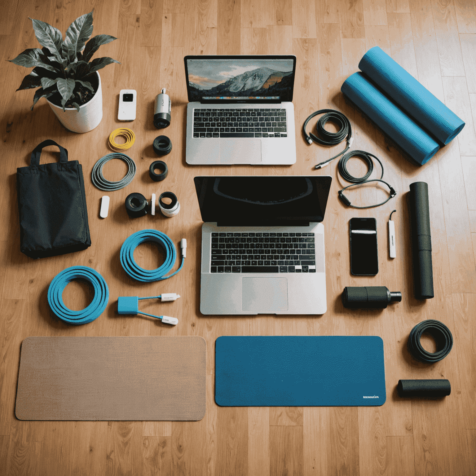 Eine Collage von verschiedenen Heimtraining-Methoden, die in Deutschland beliebt sind. Yoga-Matte, Resistance Bands und ein Laptop für Online-Kurse in einem typischen Hessen-Apartment.