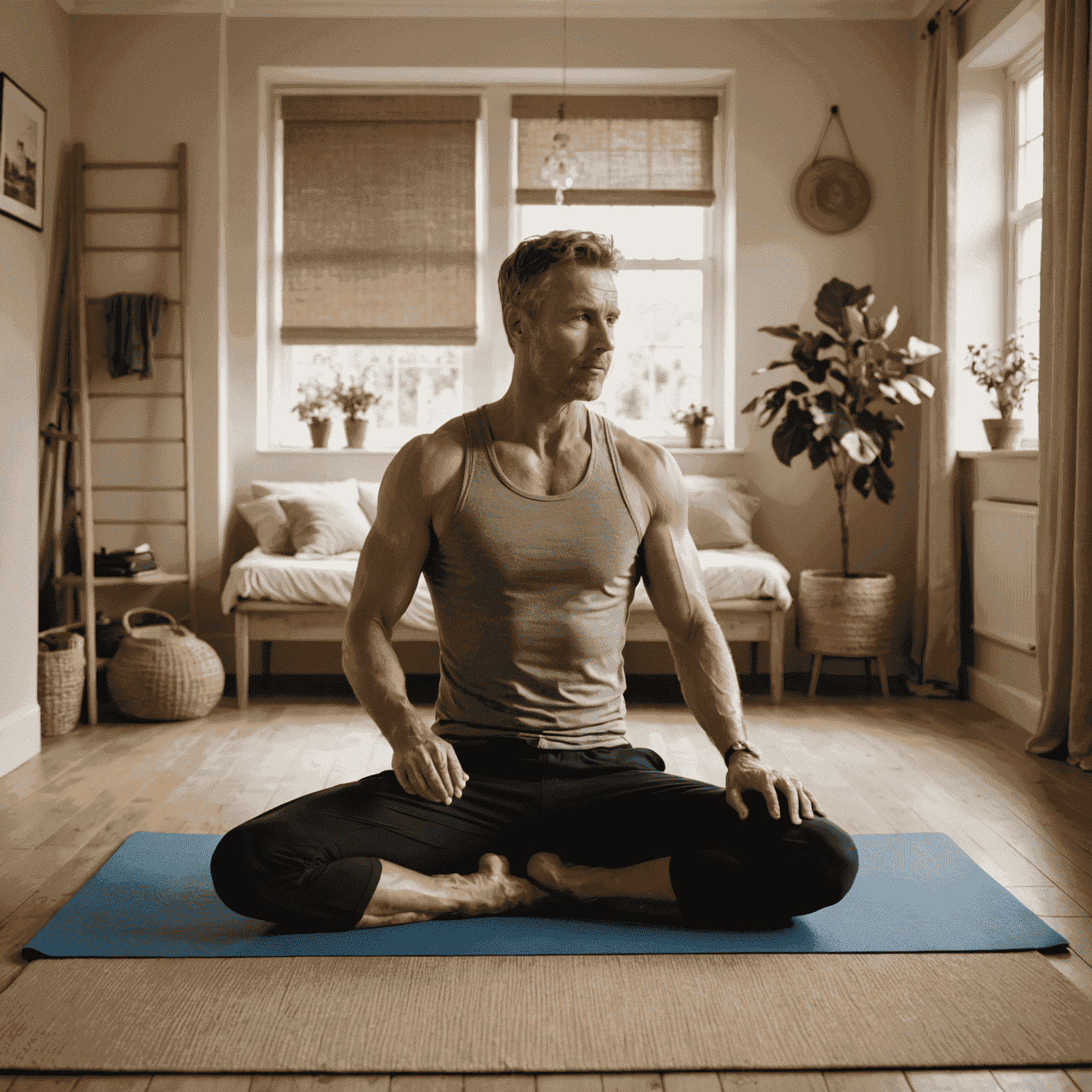 Ein Mann macht eine Pilates-Übung auf einer Matte in einem kleinen Schlafzimmer mit typisch hessischer Einrichtung