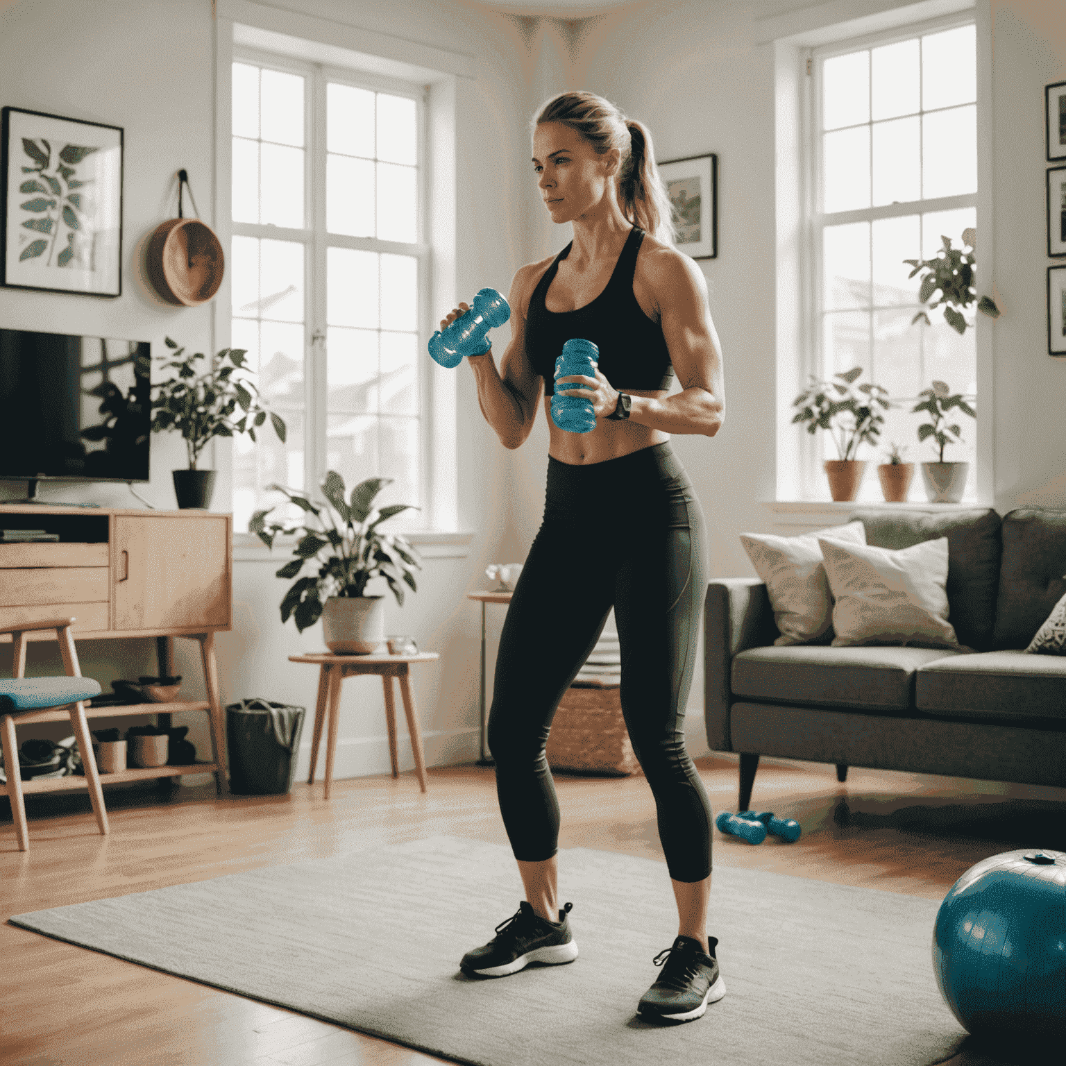 Kreative Fitnessalternativen: Eine Person, die Wasserflaschen als Hanteln und einen Stuhl für Step-Ups in einem kleinen Wohnzimmer benutzt