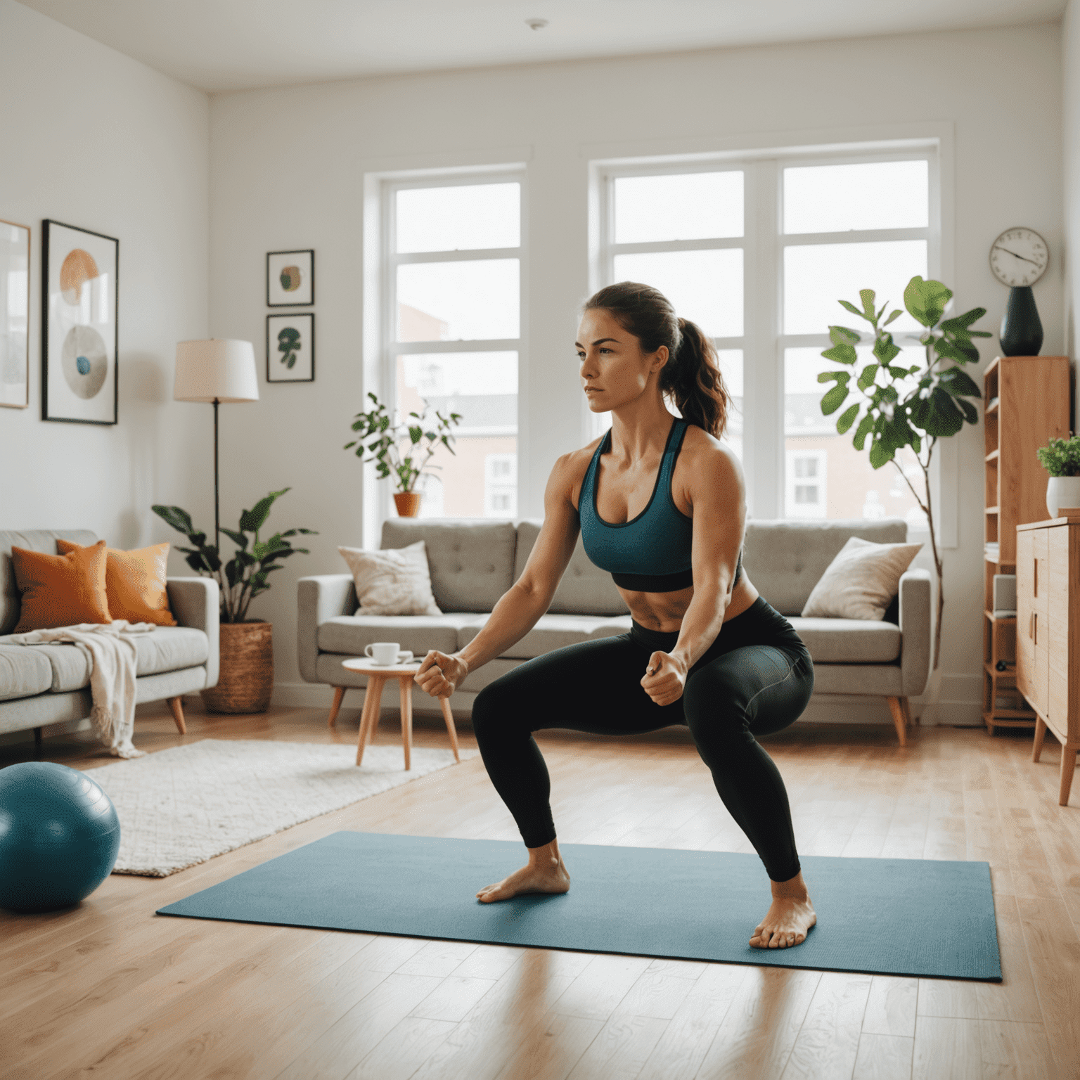 Fünf verschiedene Heimübungen werden demonstriert: Kniebeugen, Liegestütze, Planks, Ausfallschritte und Sit-ups. Eine Person führt jede Übung in einem hellen, minimalistisch eingerichteten Wohnzimmer vor.