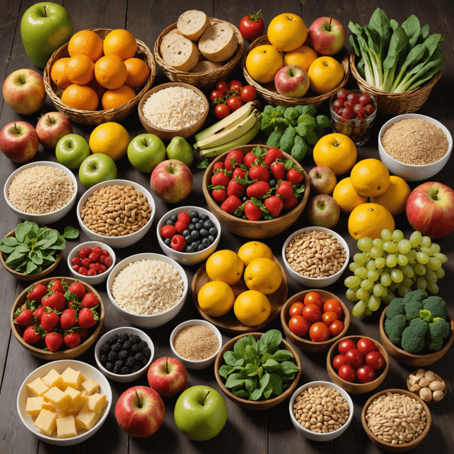 Eine Auswahl von gesunden Lebensmitteln, die typisch für Zwingenberg und Umgebung sind. Frisches Obst, Gemüse, Vollkornprodukte und lokale Spezialitäten aus Hessen.