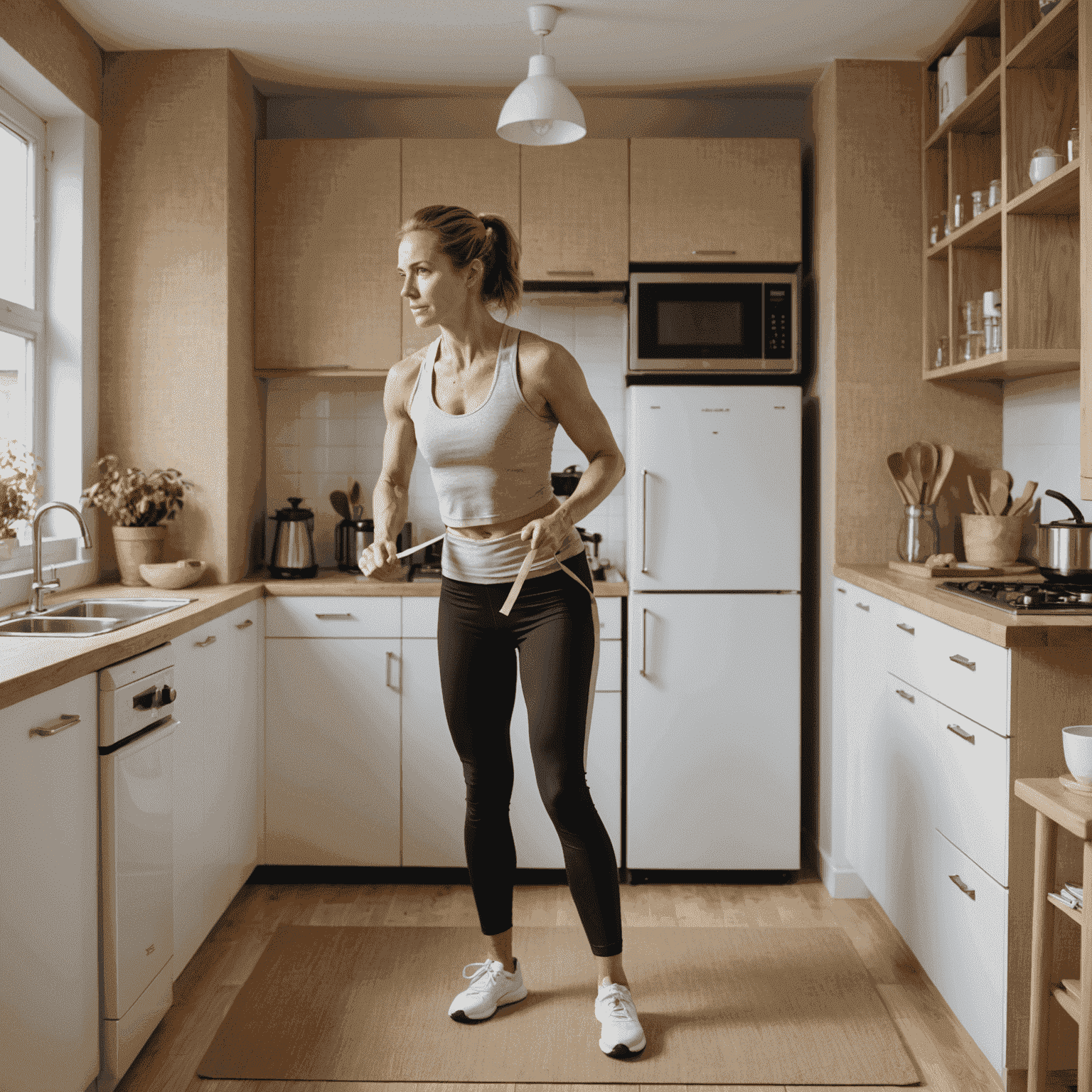 Eine Frau führt eine Übung mit einem Resistance Band in einer kompakten Küche einer Hessischen Wohnung durch