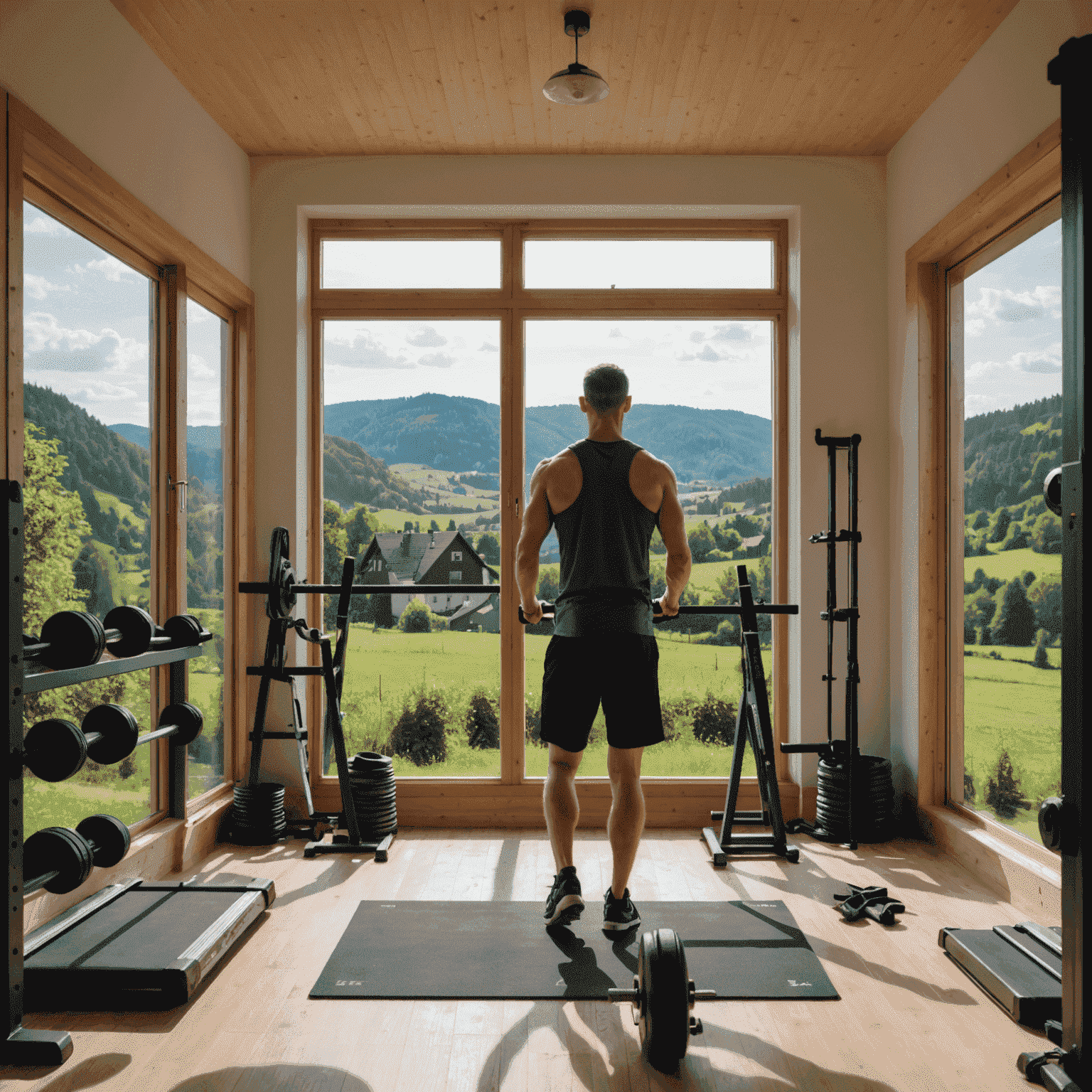 Eine Person, die in einem kleinen, aber gut ausgestatteten Heimfitnessstudio in Zwingenberg trainiert, mit Blick auf den Odenwald durch ein Fenster