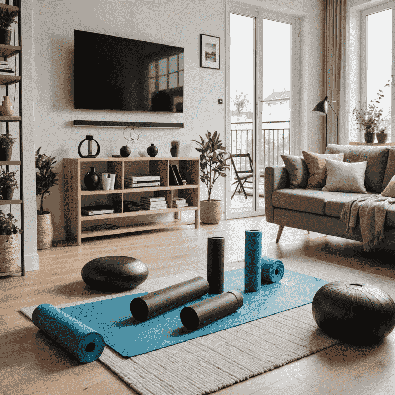 Collage von verschiedenen Heimworkout-Methoden in deutschen Wohnungen: Yoga-Matte vor dem Fernseher, Hanteln neben dem Sofa, Resistance Bands am Türrahmen und eine Person, die auf einem Balkon trainiert.