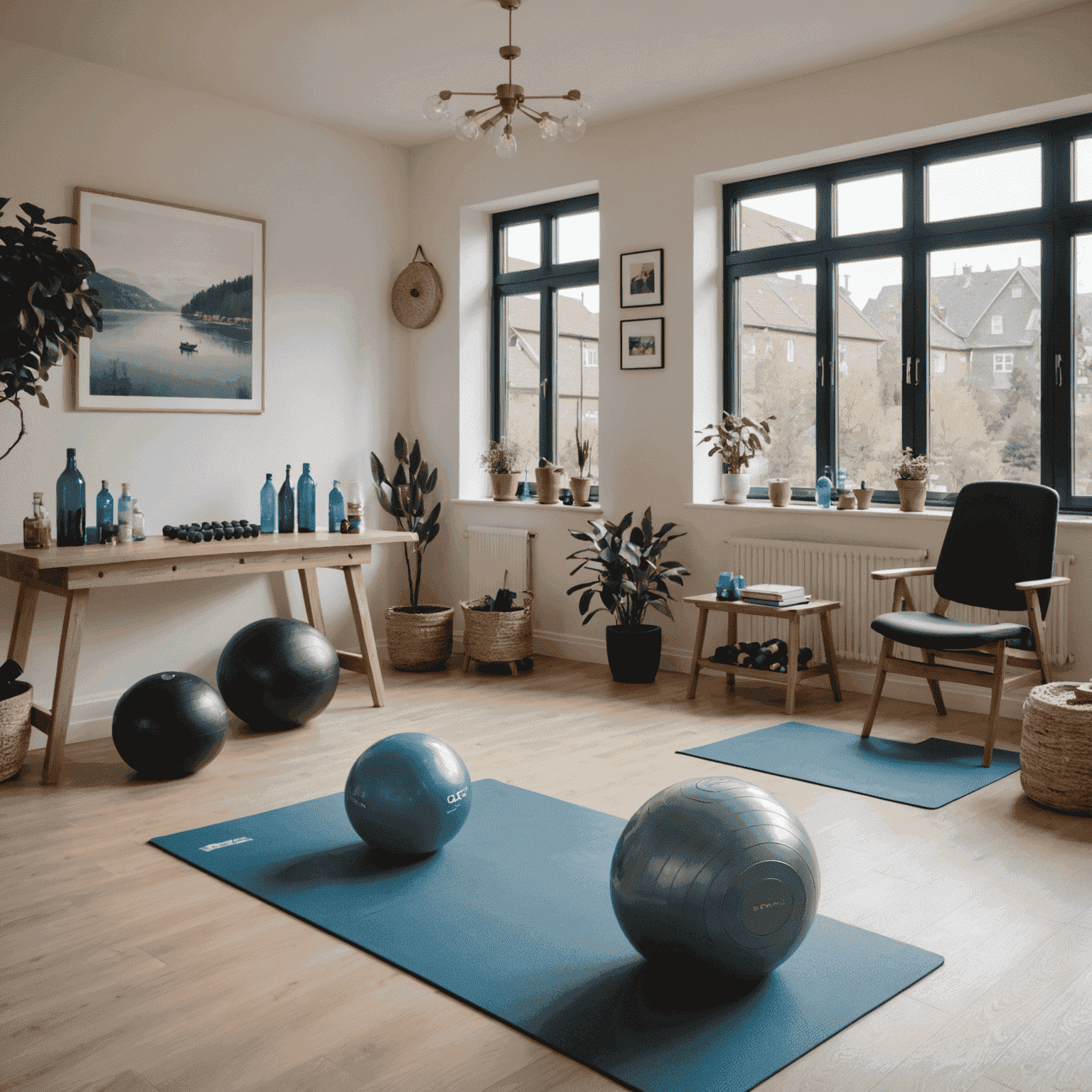 Ein kreativ eingerichtetes Heimgym in einem typischen Zwingenberger Wohnzimmer. Wasserflaschen als Hanteln, ein Stuhl für Dips und eine Yogamatte auf dem Boden.