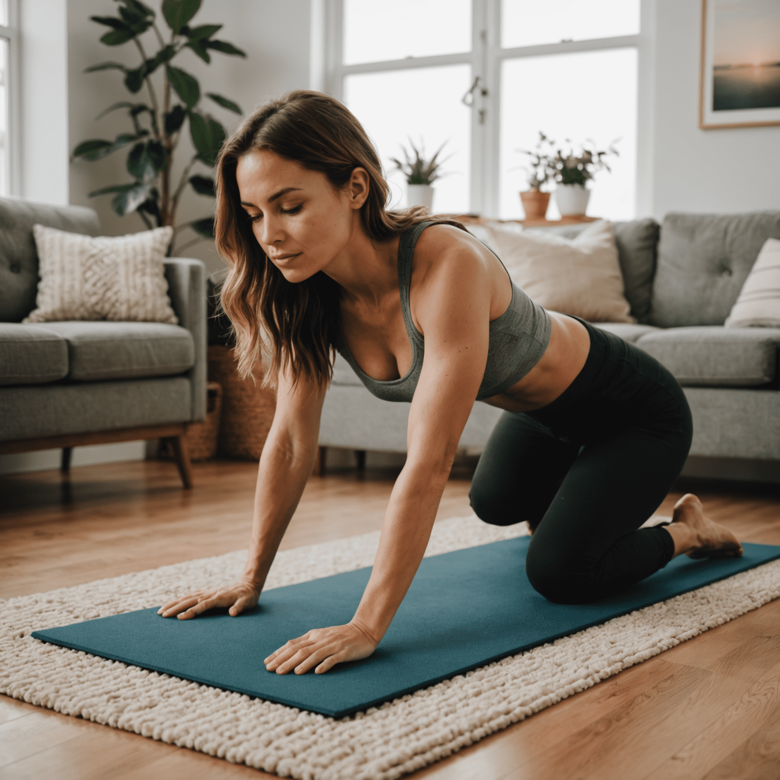 Frau hält eine perfekte Plank-Position auf einem Teppich im Heimstudio