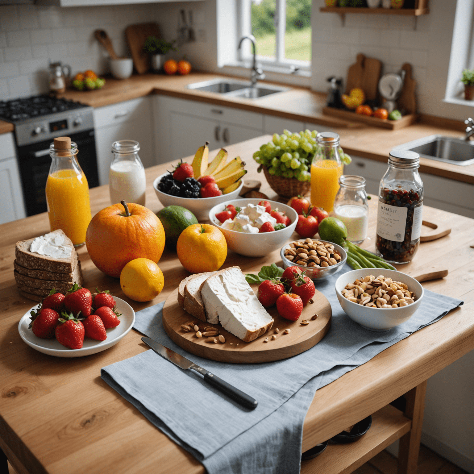 Eine Küche in Zwingenberg mit lokalen Zutaten: frisches Obst und Gemüse, Vollkornbrot, Quark und Nüsse. Daneben ein Trainingsplan und eine Wasserflasche.