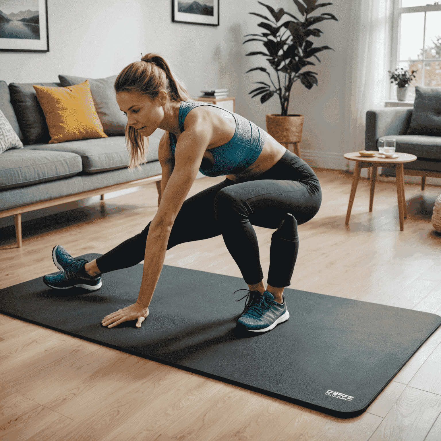 Energische Demonstration der Bergsteiger-Übung auf einer Fitnessmatte zu Hause